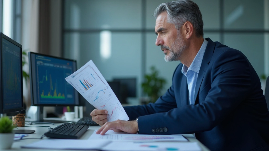 Business professional analyzing financial charts and graphs on laptop screen