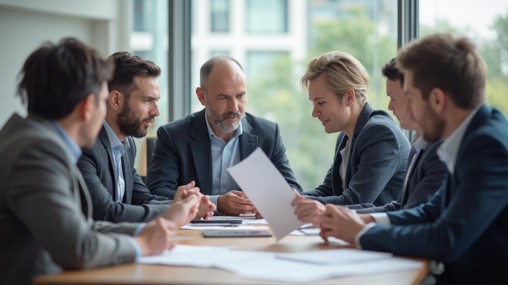 Деловая встреча команды менеджеров, обсуждающих финансовые стратегии в конференц-зале