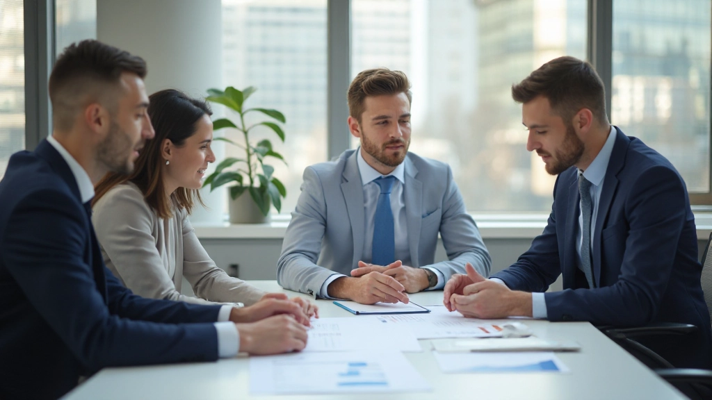 Команда специалистов обсуждает финансовый план за столом в современном офисе