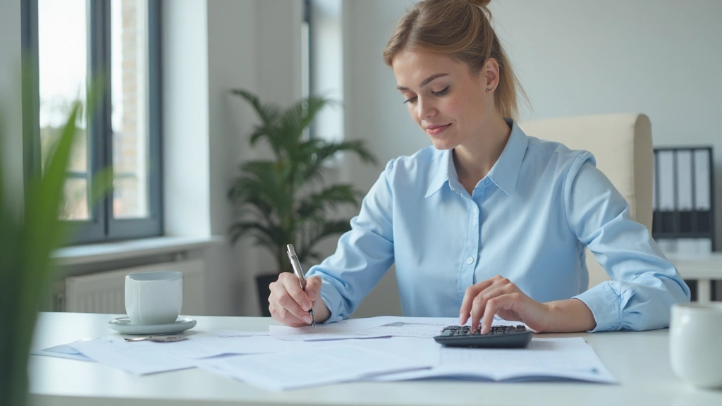 Профессиональный бухгалтер работает с финансовыми документами и калькулятором на столе