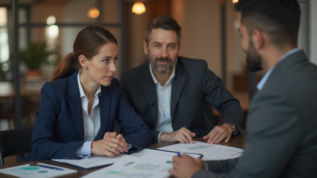 Финансовый консультант консультирует клиента по вопросам бюджетного планирования в офисе